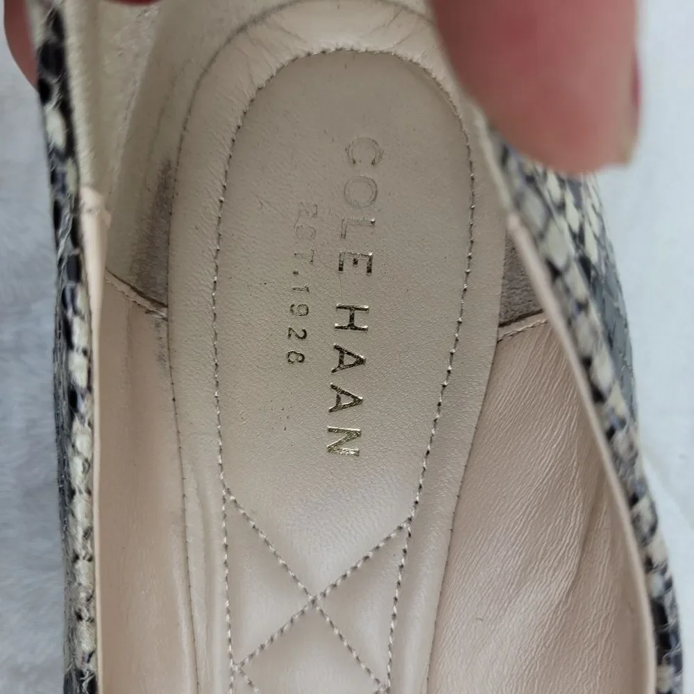 Cole Haan tan black snakeskin leather ballet wedge flats bow gold accent lady 7